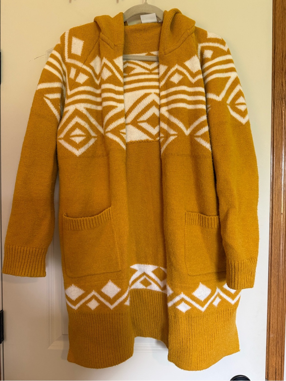 Mustard Hooded Geometric Knit Sweater Cardigan - Women - Picture 1 of 3